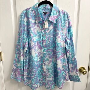 Talbots Plus Button Up Collared Shirt 2X Aqua Blue Purple Print NWT Resortwear